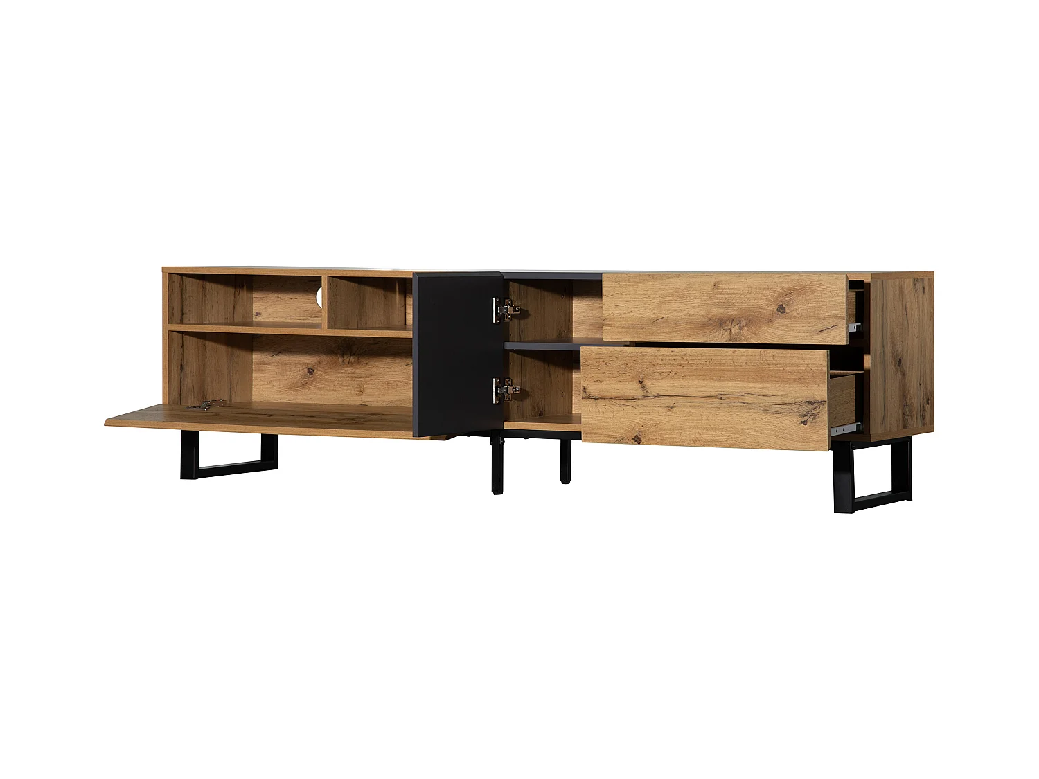 Meuble TV bas de style industriel rétro 180 cm, banc TV avec 2 portes et 2 tiroirs, noir+bois