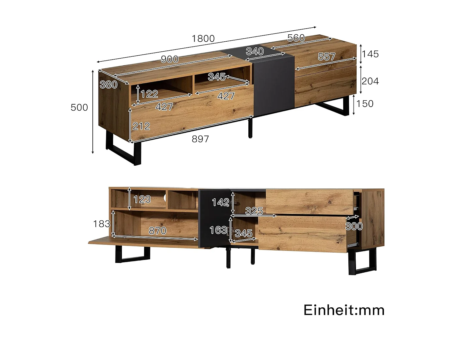 Meuble TV bas de style industriel rétro 180 cm, banc TV avec 2 portes et 2 tiroirs, noir+bois
