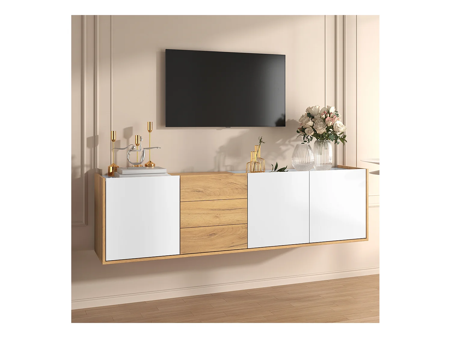 Meuble TV Suspendu pour Salon, Meuble de Rangement avec Multi-Espace, Table TV avec 3 tiroirs, Blanc
