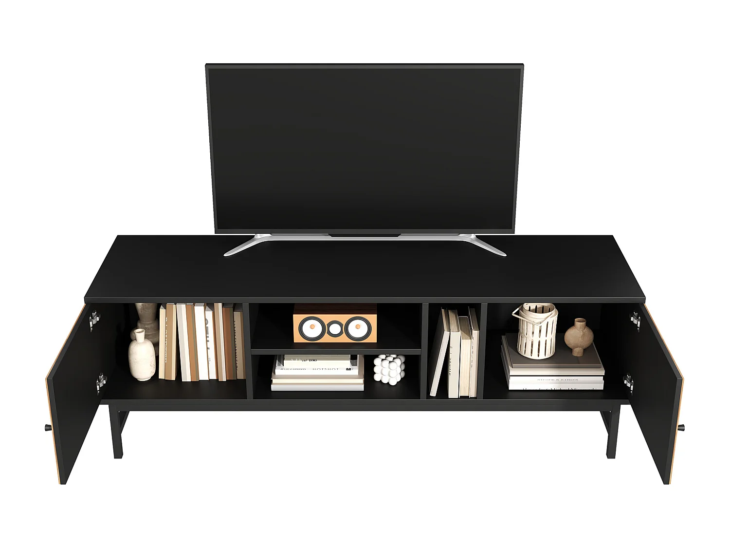 Móvel de TV com 2 portas e 3 compartimentos, Móvel de TV com pés de suporte de metal, preto