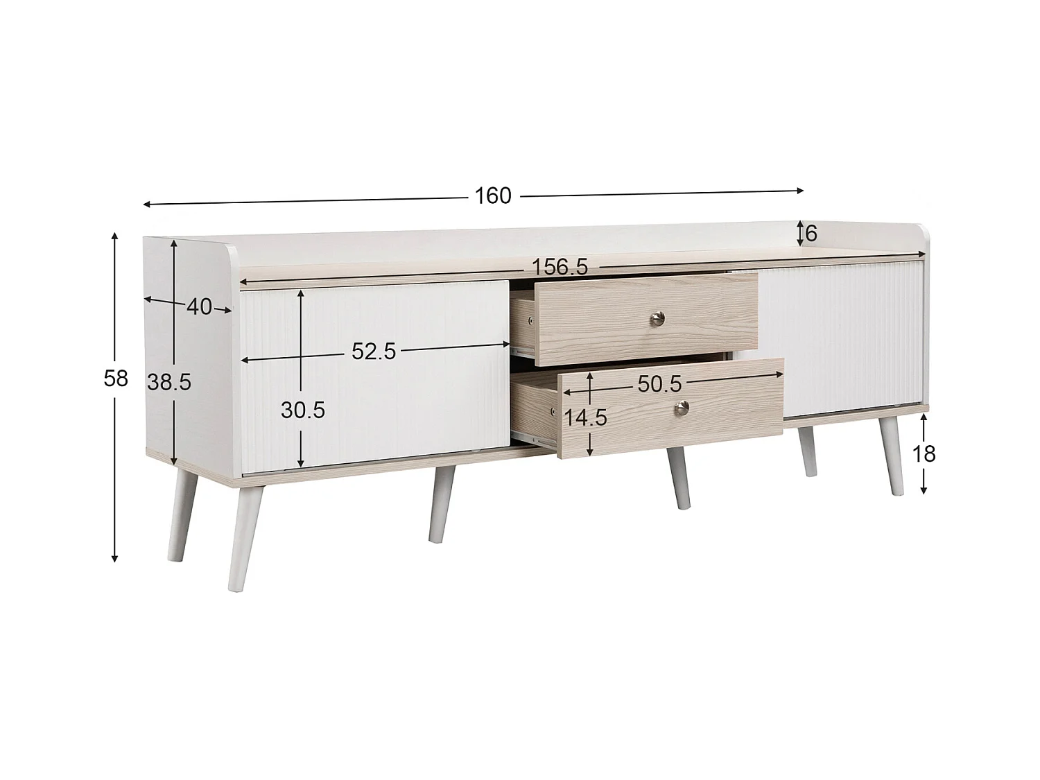 Mueble TV bajo con cajones, Mueble TV moderno con dos puertas correderas, Color blanco y madera