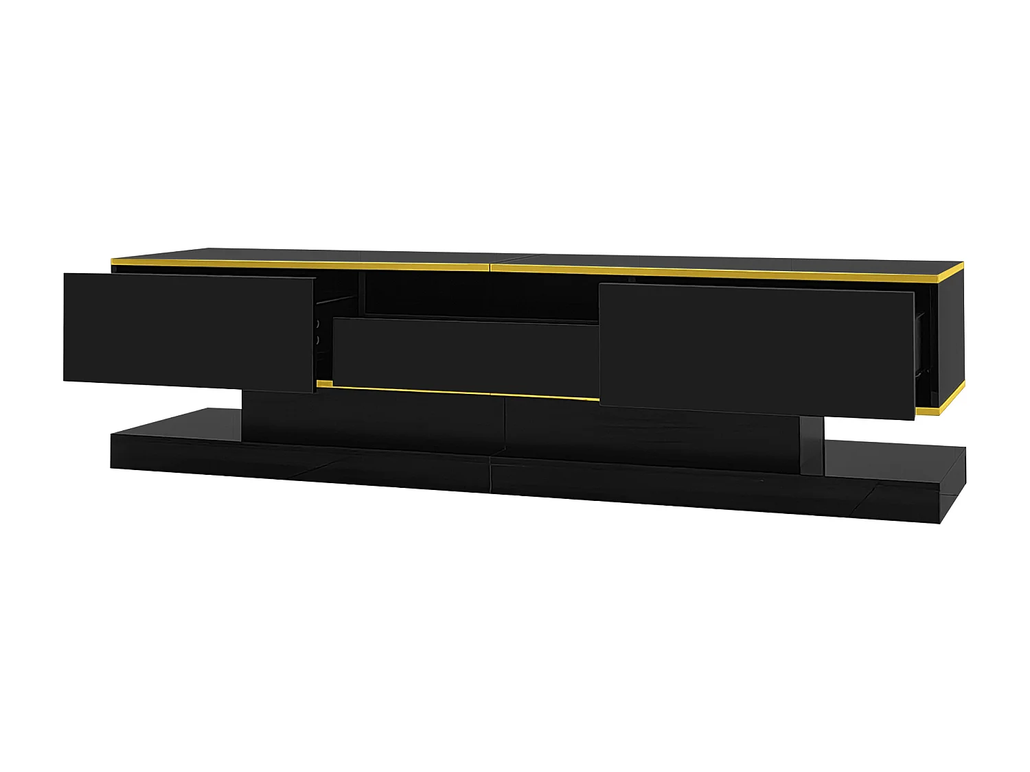 Meuble TV de 180 cm avec éclairage LED , brillant avec 3 tiroirs et compartiment ouvert , noir
