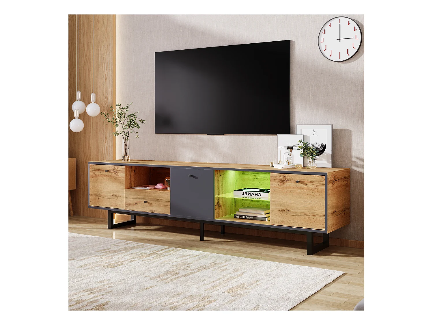 Meuble TV Bas, LED Meuble TV Chambre , avec Compartiments et Tiroir, Industriel Bois et Metal Noir
