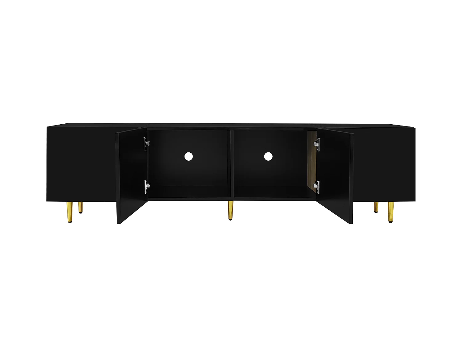 Móvel de TV baixo com 4 portas, móvel de TV com armazenamento, superfície de alto brilho, pés dourados, preto
