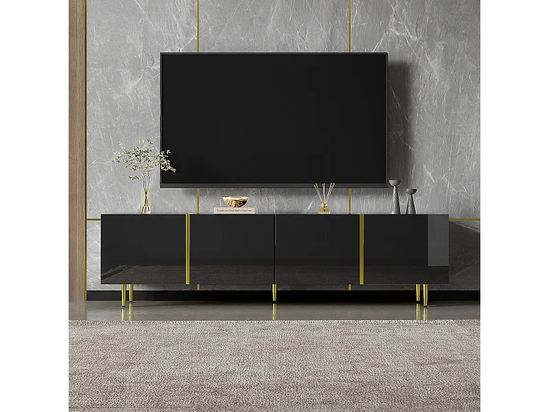 Meuble TV Bas avec 4 Portes,Meuble TV avec Rangement,Surface très Brillante,Pieds dorés, noir