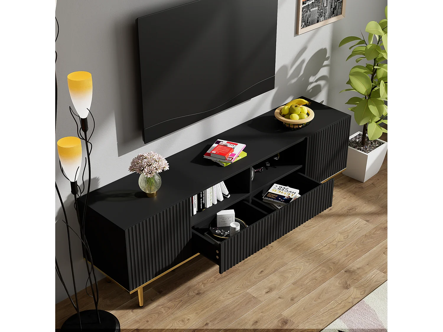 Móvel de TV 165x36x55 cm com armazenamento, 2 portas e 2 gavetas, Móvel de TV baixo, Pés dourados, Preto