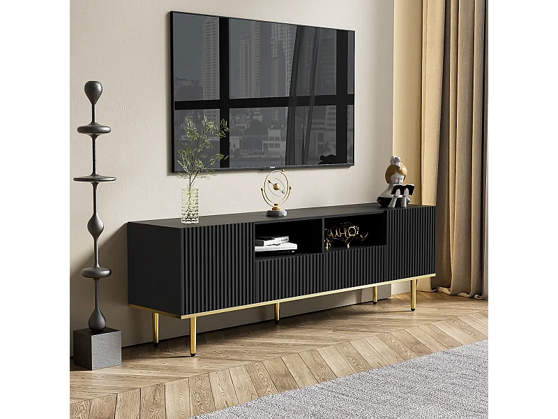 Móvel de TV 165x36x55 cm com armazenamento, 2 portas e 2 gavetas, Móvel de TV baixo, Pés dourados, Preto