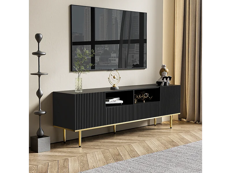 Meuble TV 165x36x55cm avec Rangement, 2 Portes et 2 Tiroirs, Meuble TV Bas, Pieds dorés, noir