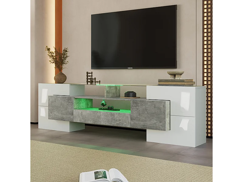Mueble de TV con almacenaje, 6 puertas y 2 cajones, moderno mueble de TV con luz LED, gris y blanco