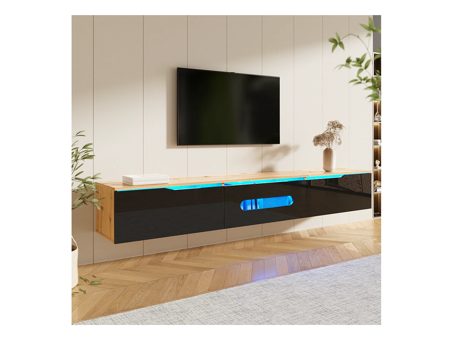 Mueble de TV de 3 puertas con LED de 16 colores, mueble de TV de pared para sala de estar en madera, negro y madera