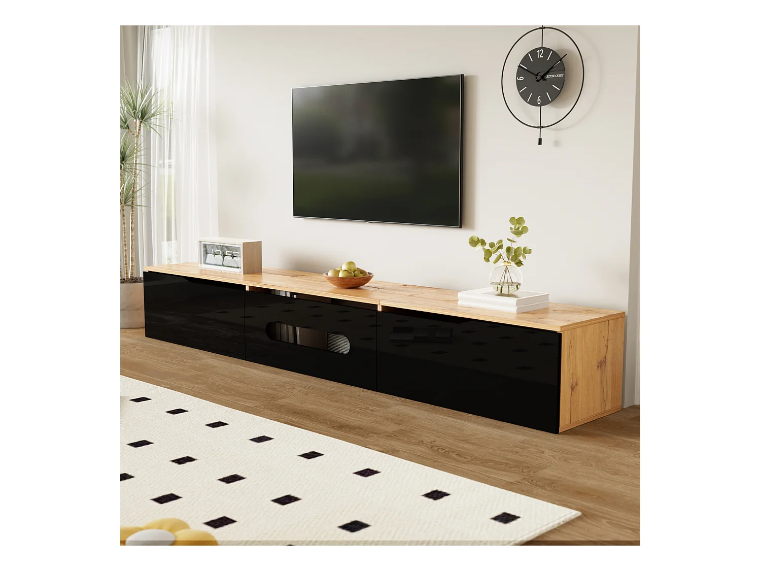 Mueble de TV de 3 puertas con LED de 16 colores, mueble de TV de pared para sala de estar en madera, negro y madera