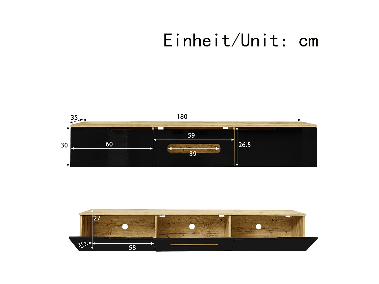 Mueble de TV de 3 puertas con LED de 16 colores, mueble de TV de pared para sala de estar en madera, negro y madera