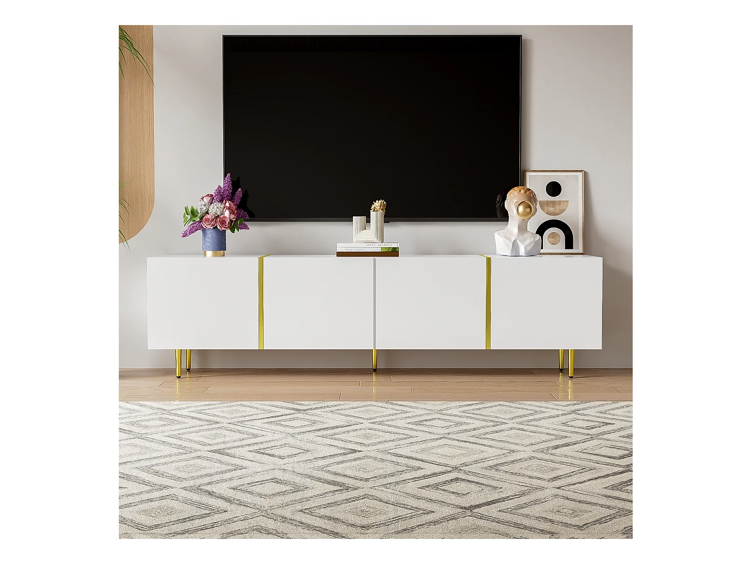 Mueble de TV bajo con 4 puertas, mueble de TV con almacenaje, acabado brillante, patas doradas, blanco