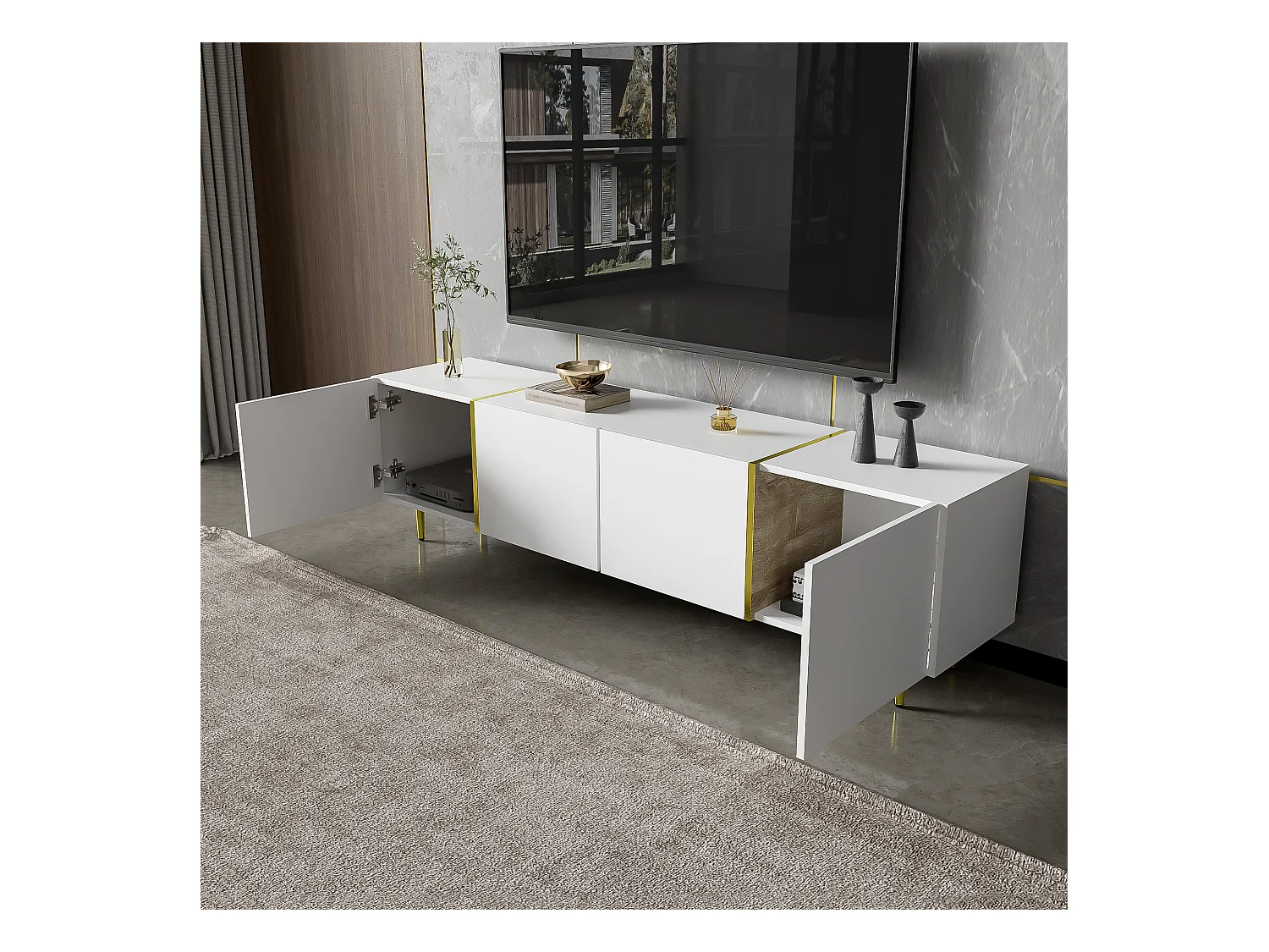 Mueble de TV bajo con 4 puertas, mueble de TV con almacenaje, acabado brillante, patas doradas, blanco