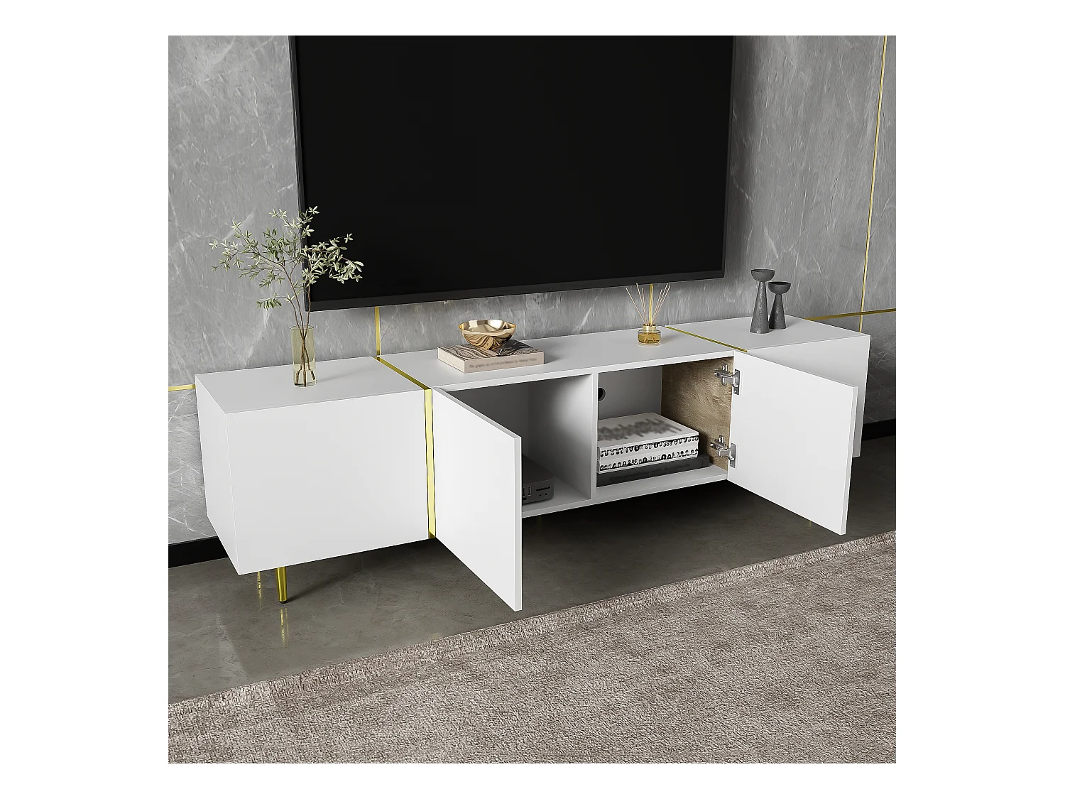 Mueble de TV bajo con 4 puertas, mueble de TV con almacenaje, acabado brillante, patas doradas, blanco