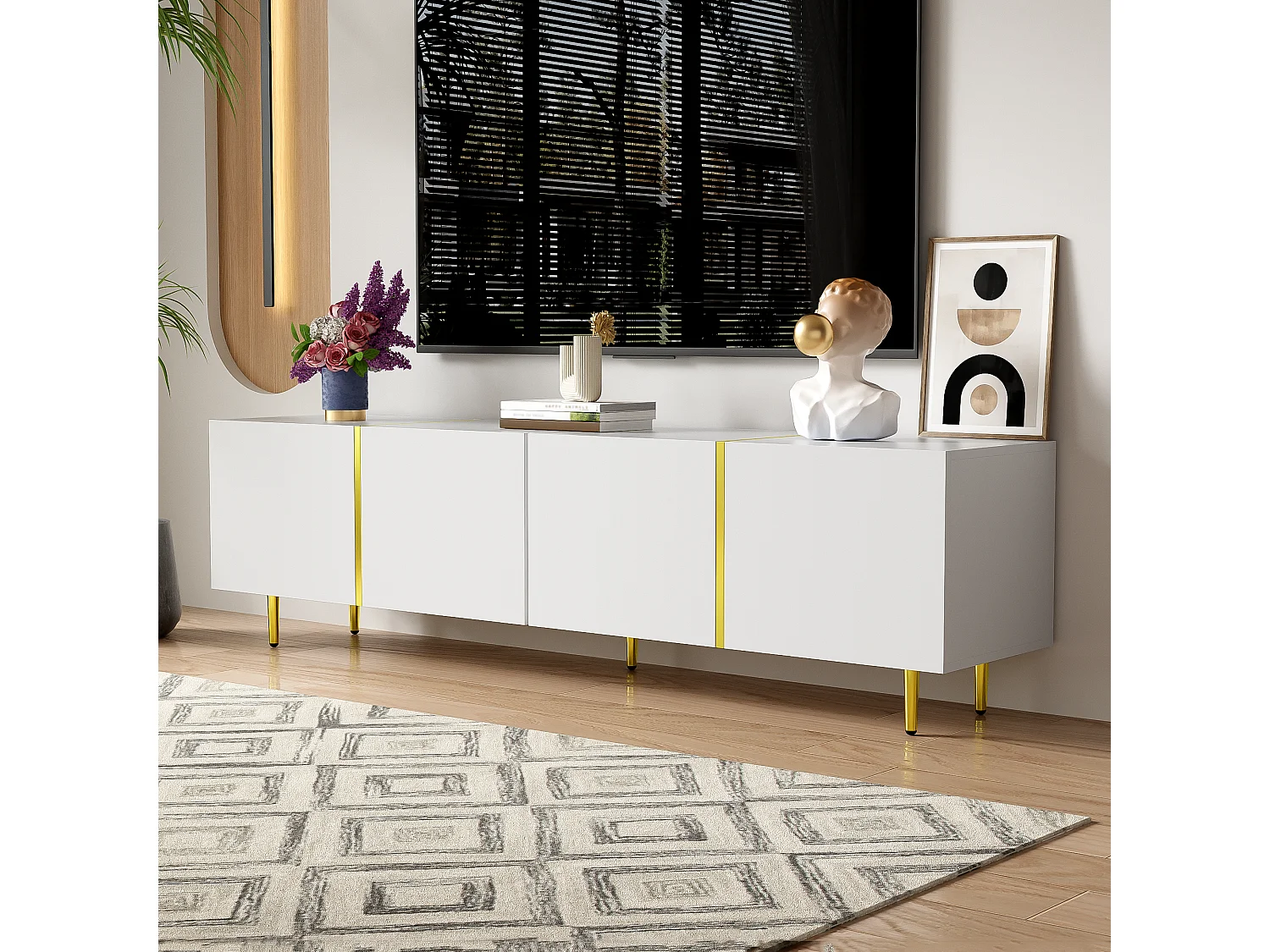 Móvel de TV baixo com 4 portas, Móvel de TV com armazenamento, Superfície de alto brilho, Pés dourados, Branco