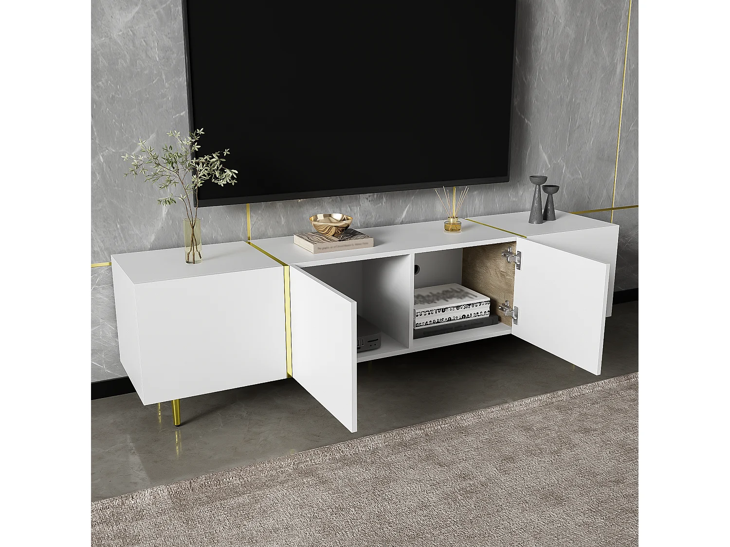 Móvel de TV baixo com 4 portas, Móvel de TV com armazenamento, Superfície de alto brilho, Pés dourados, Branco