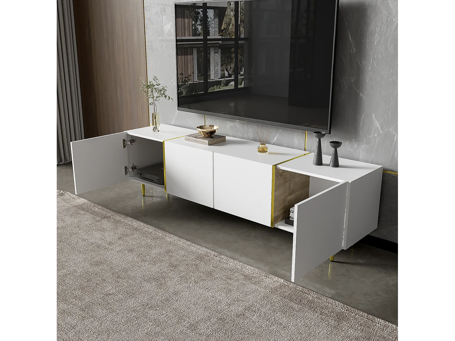 Laag tv-meubel met 4 deuren, tv-kast met opbergruimte, hoogglans oppervlak, gouden poten, wit