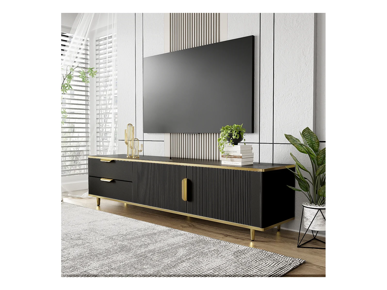 Meuble TV bas avec texture sculptée, armoire avec poignées et pieds dorés, noir, 175 x 40 x 45 cm