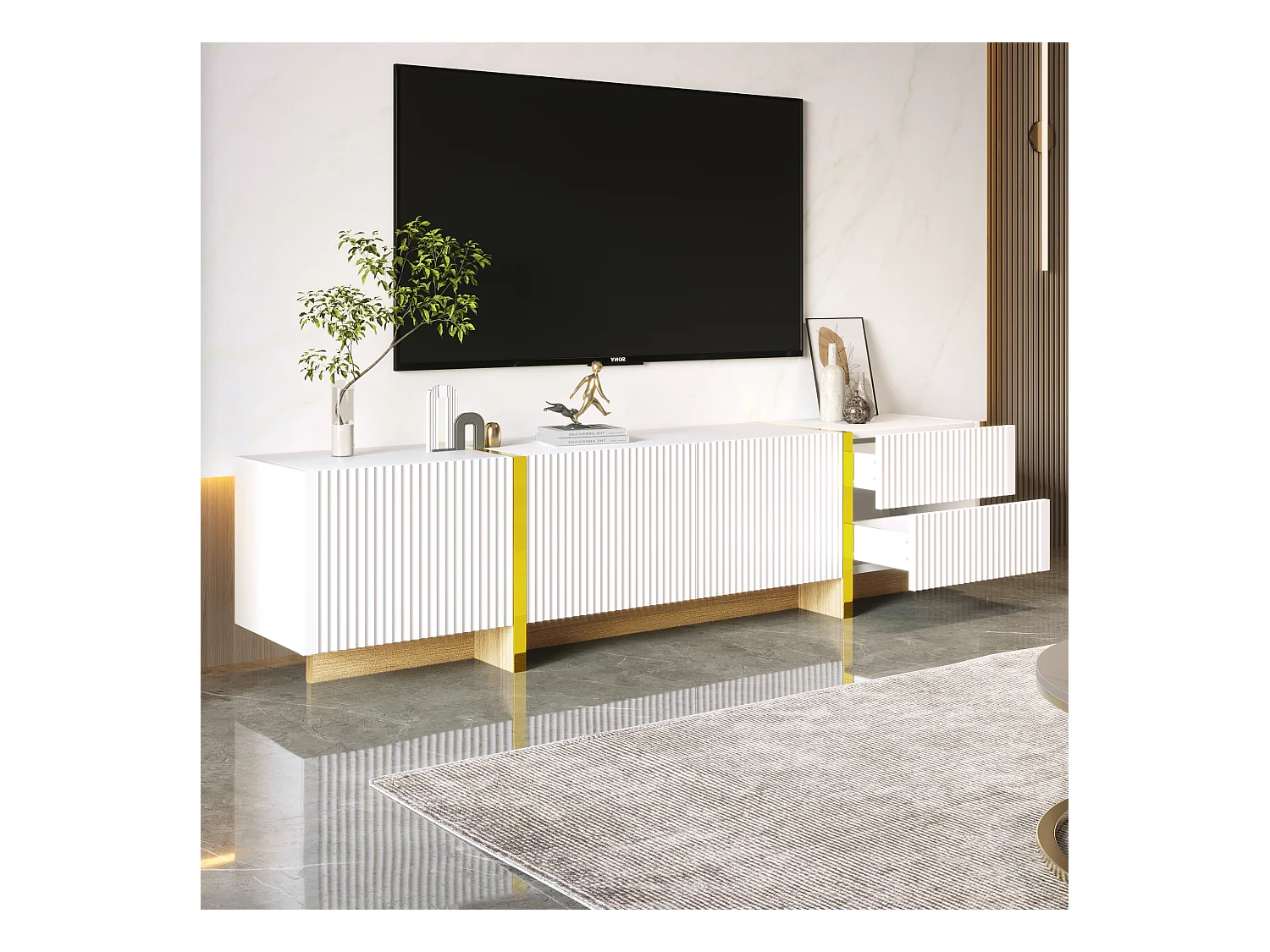 Meuble TV, Panneau lowboard avec Pieds Color Block en Blanc Brillant et Noir, avec Portes et tiroirs