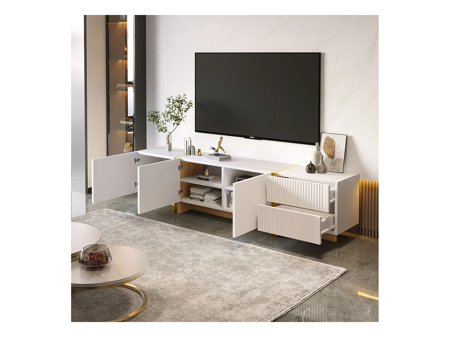 Meuble TV, Panneau lowboard avec Pieds Color Block en Blanc Brillant et Noir, avec Portes et tiroirs