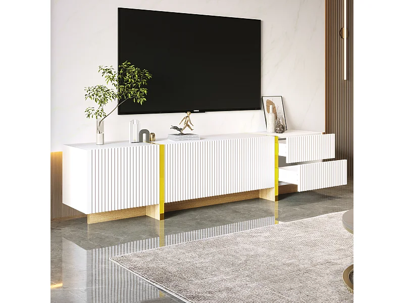 Meuble TV, Panneau lowboard avec Pieds Color Block en Blanc Brillant et Noir, avec Portes et tiroirs