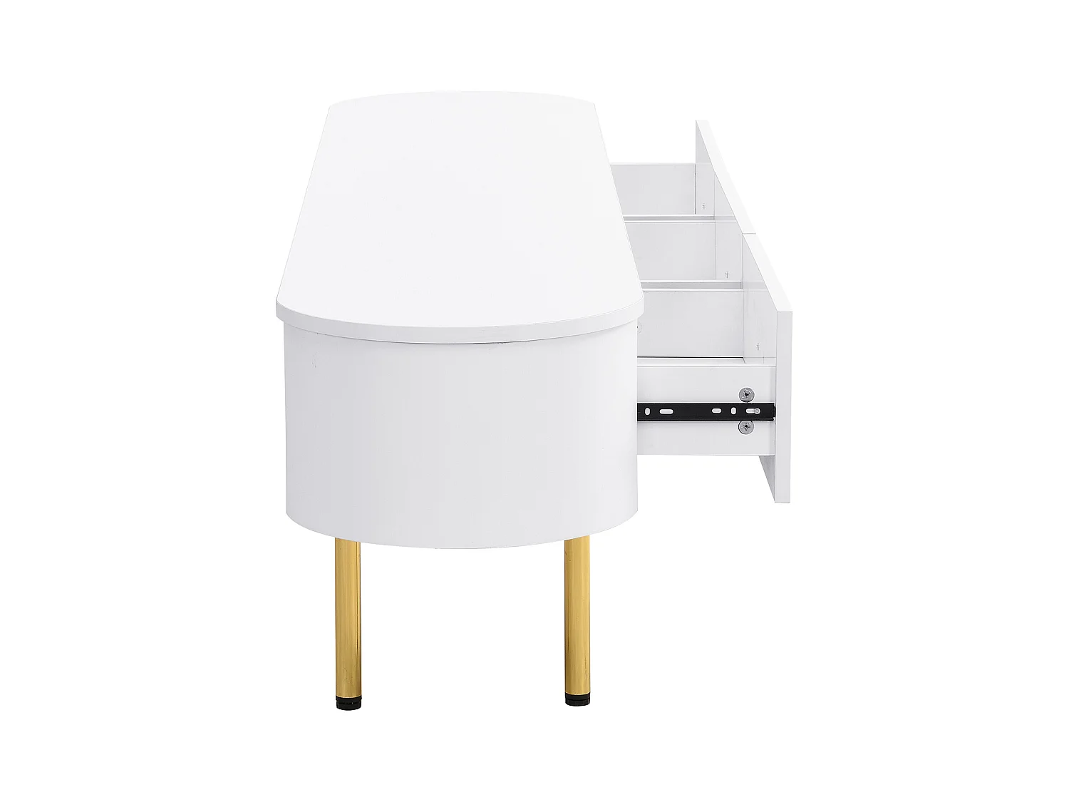 Mueble TV bajo 174 X 35 X 41cm con tres cajones, tiradores dorados y esquinas curvas, color blanco
