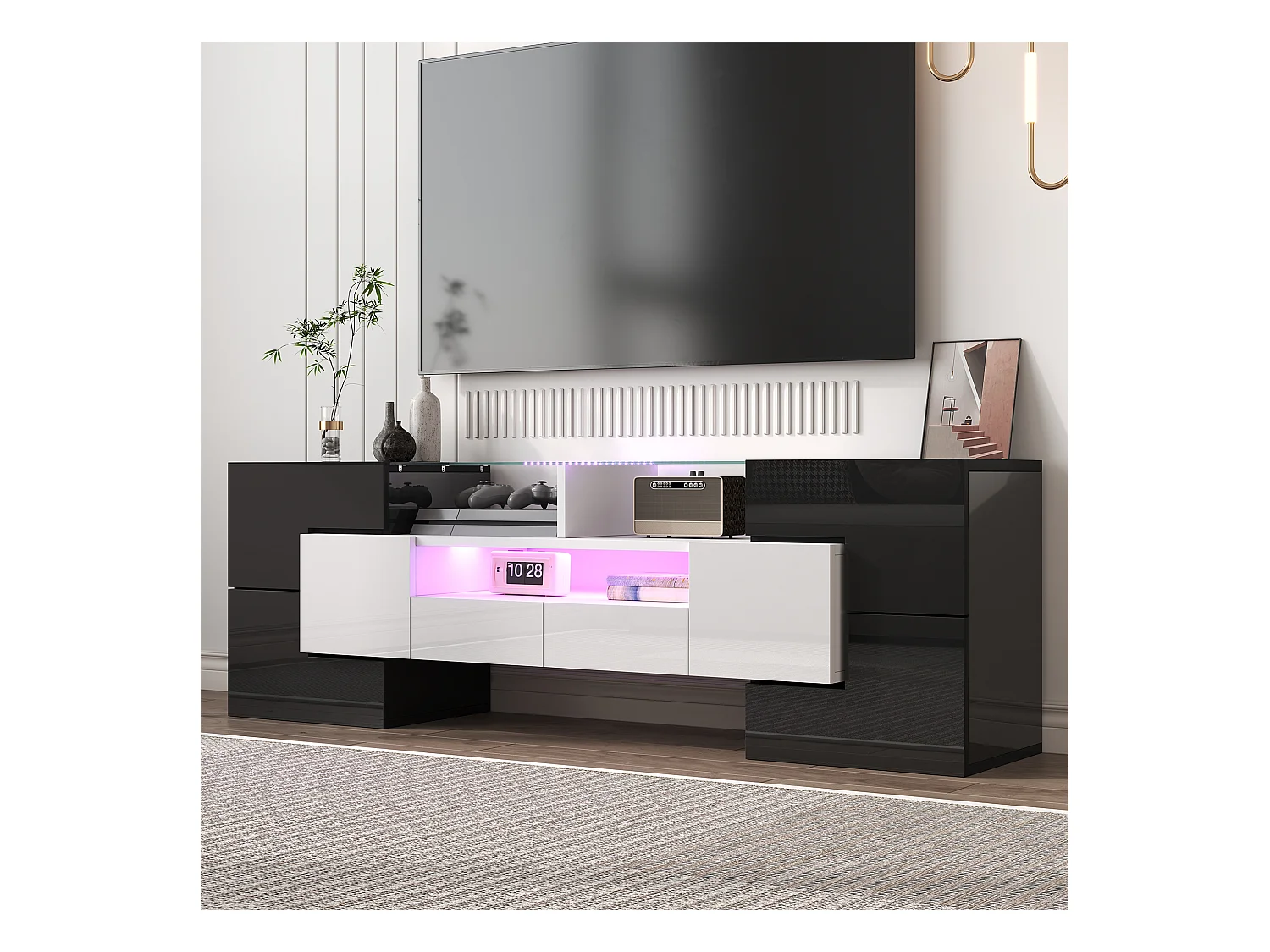 Mueble de TV moderno de alto brillo con LED, 4 puertas y 2 cajones, almacenamiento abierto, color negro