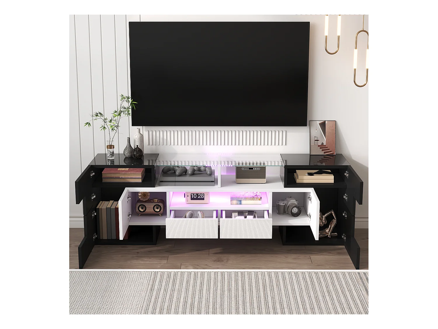 Mueble de TV moderno de alto brillo con LED, 4 puertas y 2 cajones, almacenamiento abierto, color negro