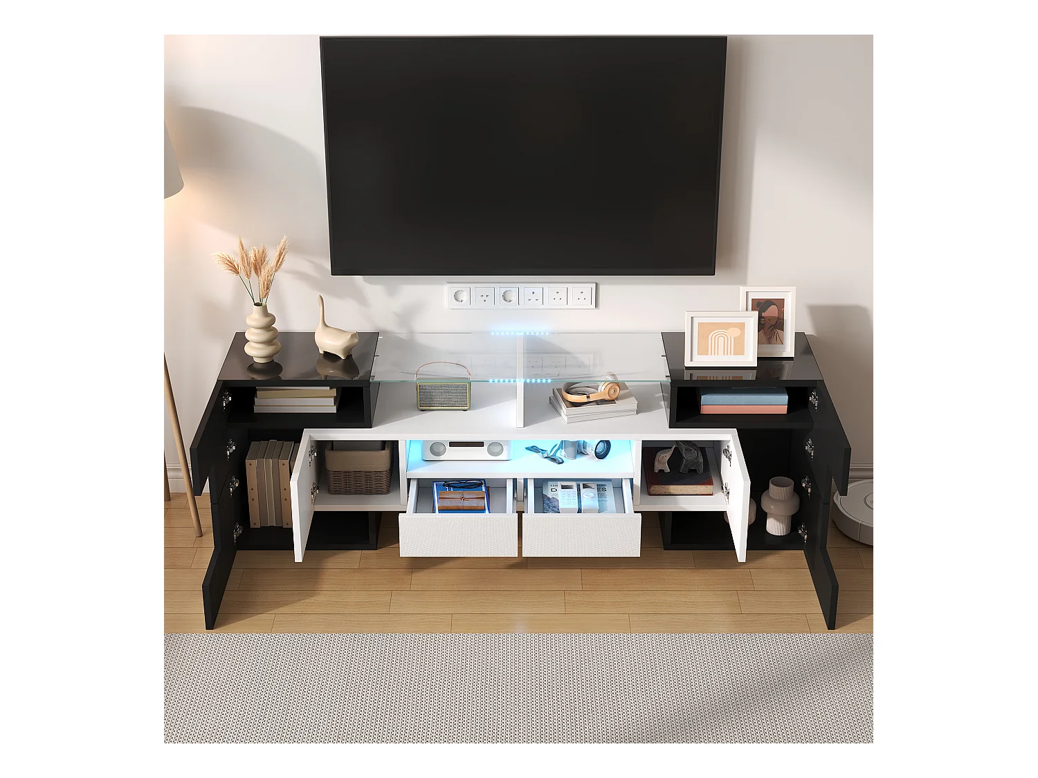 Mueble de TV moderno de alto brillo con LED, 4 puertas y 2 cajones, almacenamiento abierto, color negro