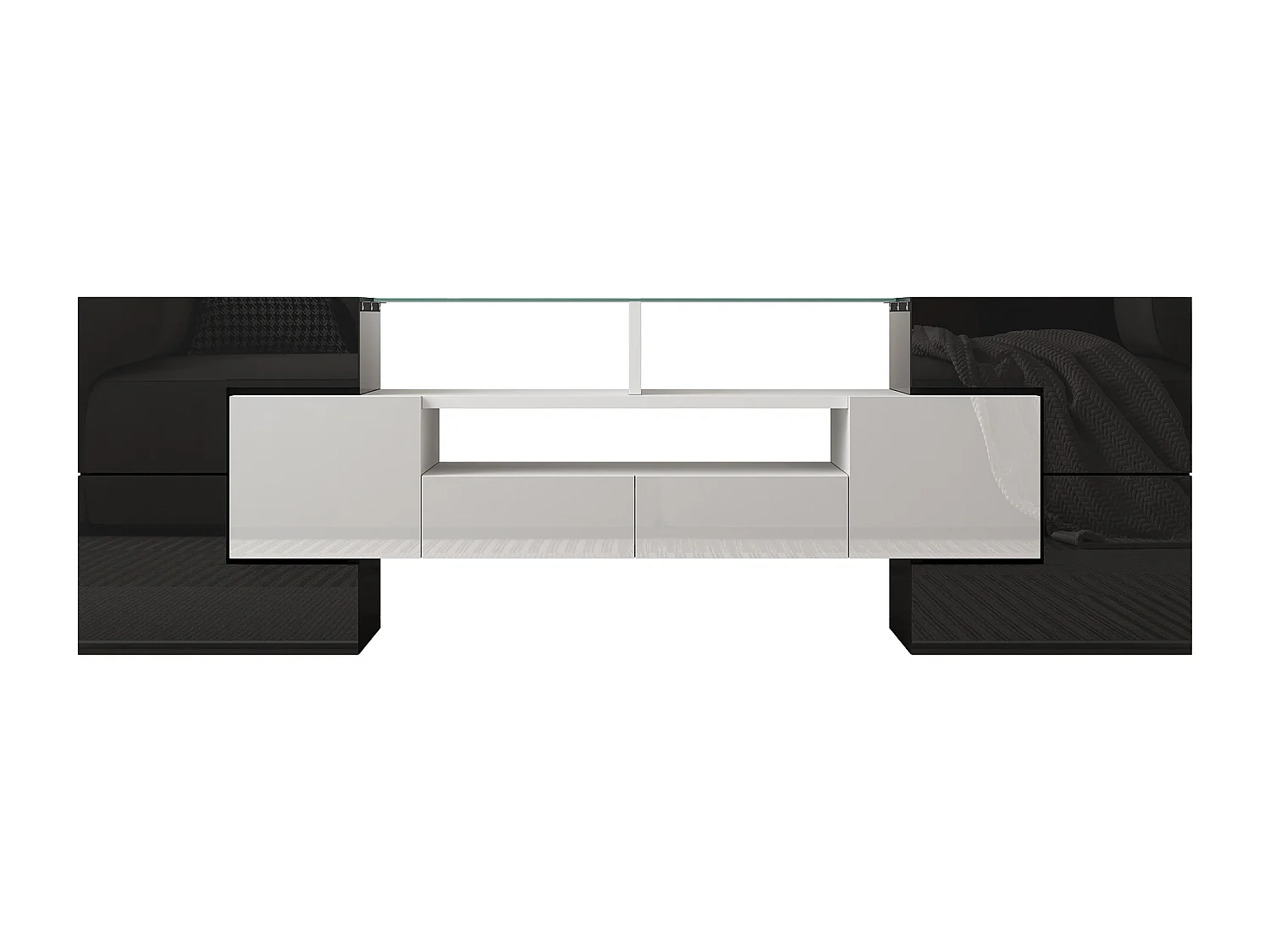 Moderne Banc TV Haute Brillance avec LED, 4 Portes e 2 Tiroirs Meuble Télé, Rangement Ouvert, Noir