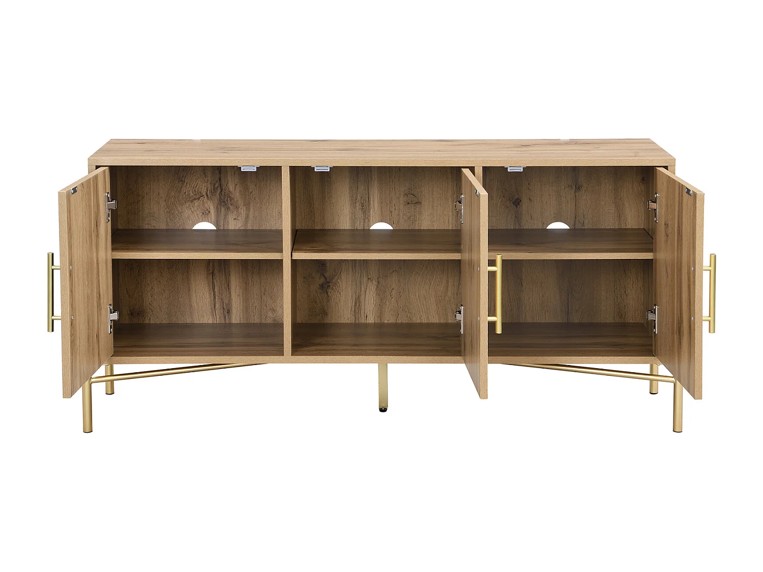 Mueble de TV con 3 puertas, muebles de TV con estantes ajustables, aparadores bajos en veta de madera marrón y negra