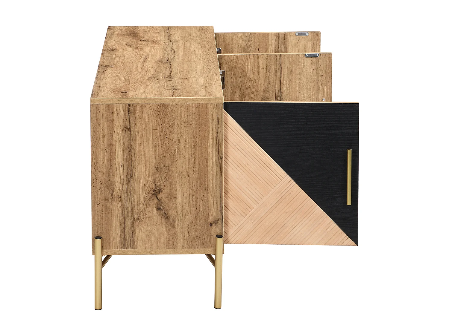 Mueble de TV con 3 puertas, muebles de TV con estantes ajustables, aparadores bajos en veta de madera marrón y negra