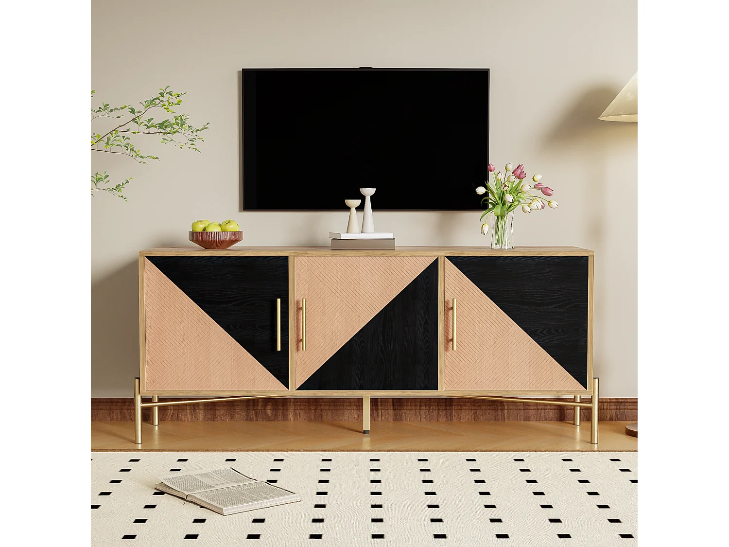 Mueble de TV con 3 puertas, muebles de TV con estantes ajustables, aparadores bajos en veta de madera marrón y negra