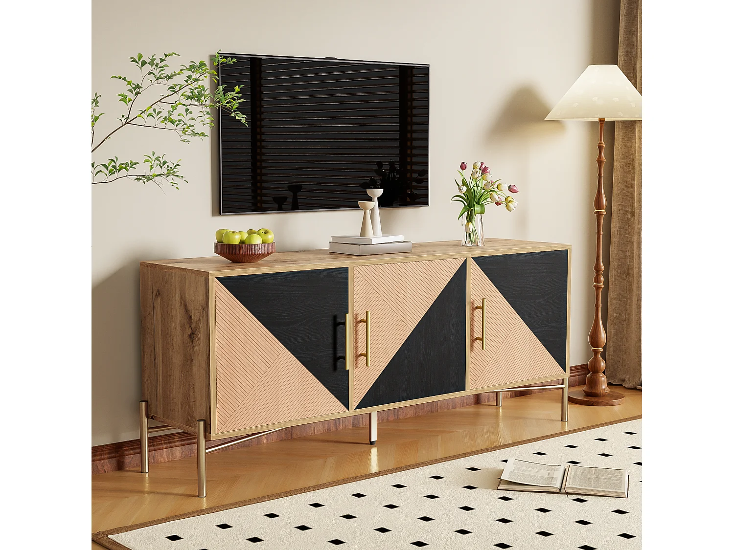 Mueble de TV con 3 puertas, muebles de TV con estantes ajustables, aparadores bajos en veta de madera marrón y negra