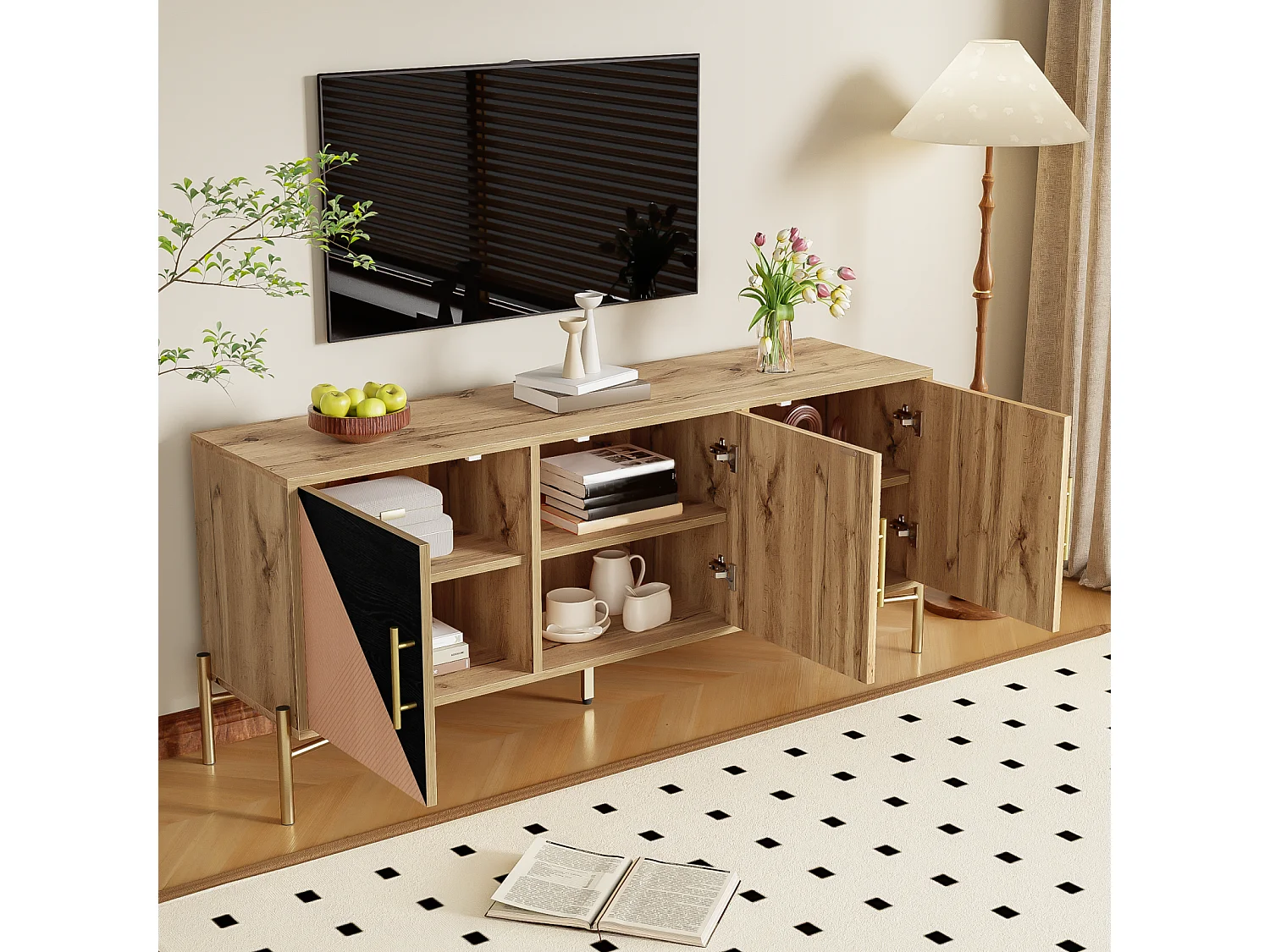 Mueble de TV con 3 puertas, muebles de TV con estantes ajustables, aparadores bajos en veta de madera marrón y negra