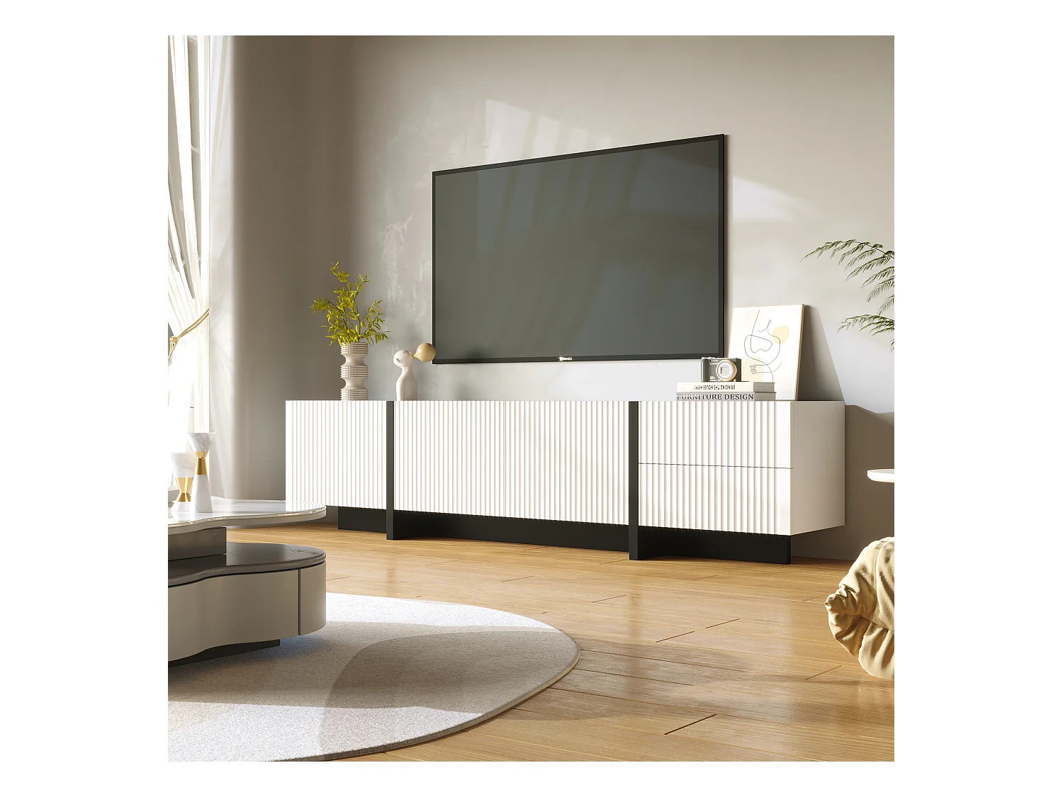 Meuble TV, Panneau lowboard avec Pieds Color Block en Blanc Brillant et Noir, avec Portes et tiroirs