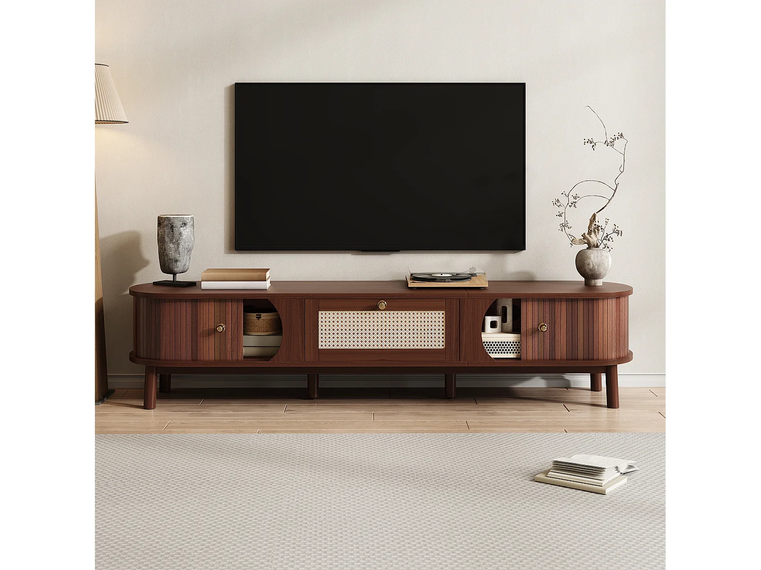 Mueble de TV vintage de nogal con 2 puertas de madera natural y 1 cajón de ratán, 170 x 39,5 x 38 cm