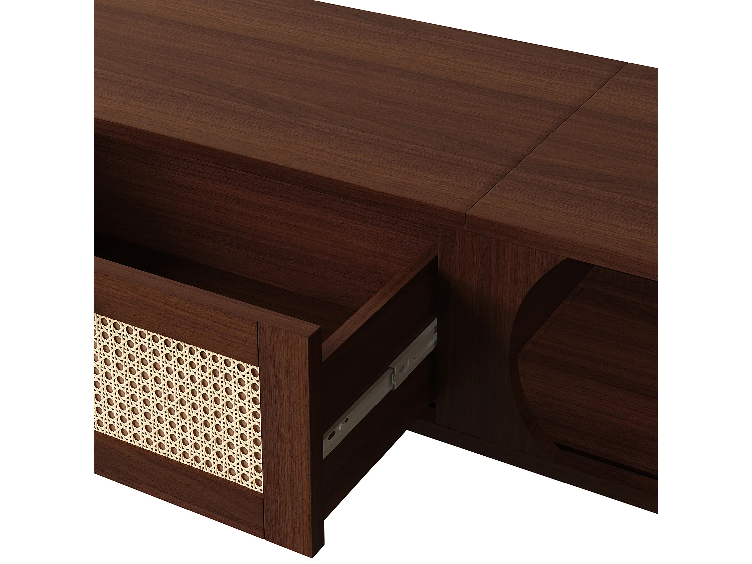 Mueble de TV vintage de nogal con 2 puertas de madera natural y 1 cajón de ratán, 170 x 39,5 x 38 cm