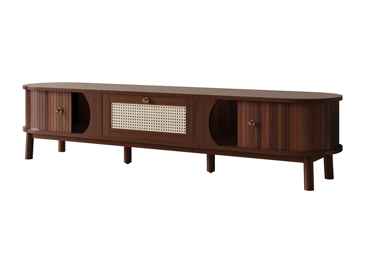 Meuble TV Vintage en Noyer, avec 2 Portes en Bois Naturel Et 1 Tiroirs en Rotin,170 X 39,5 X 38 cm