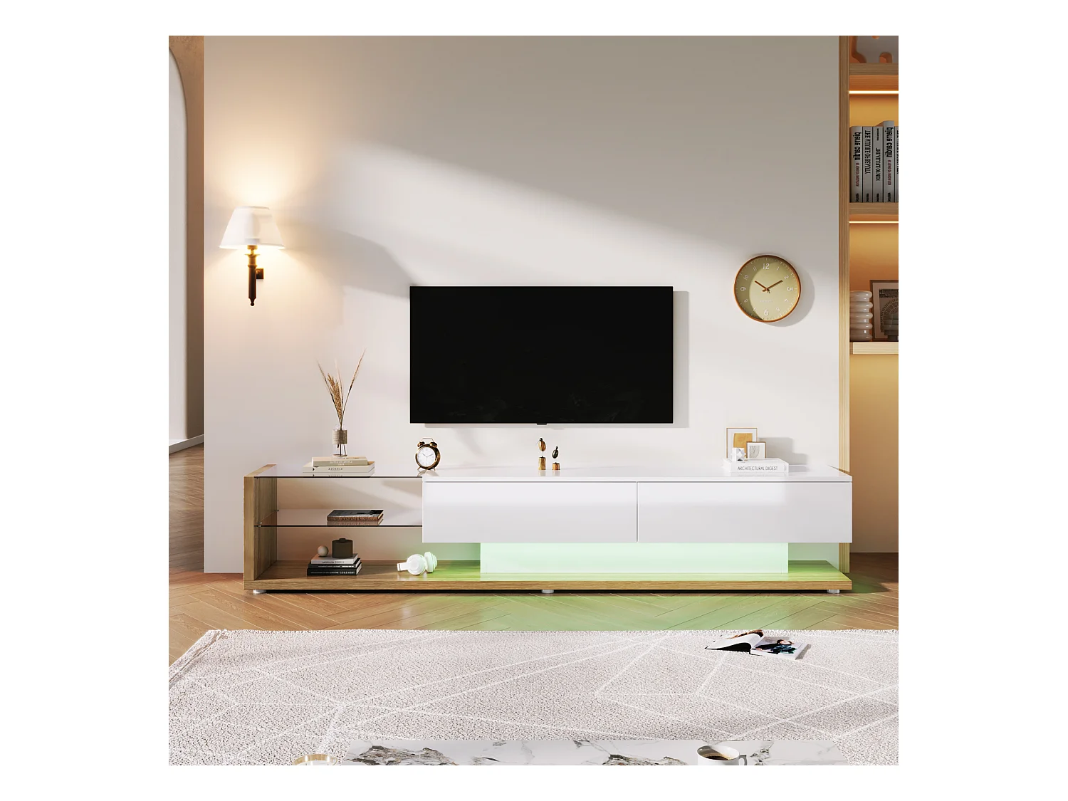 Meuble TV avec Cloisons en Verre et  LED Variable , avec 2 Tiroirs et étagère Ouverte , Blanc