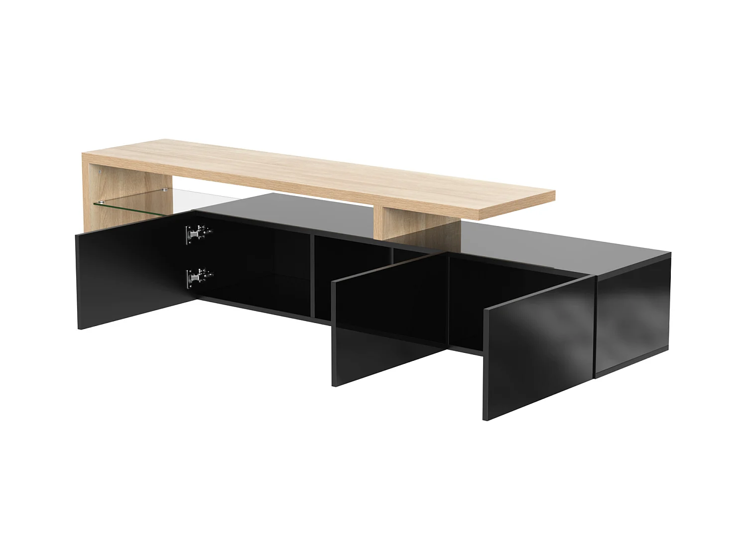 Meuble TV 197 cm noir brillant avec éclairage LED Meuble TV bas avec étagère en verre et 3 portes