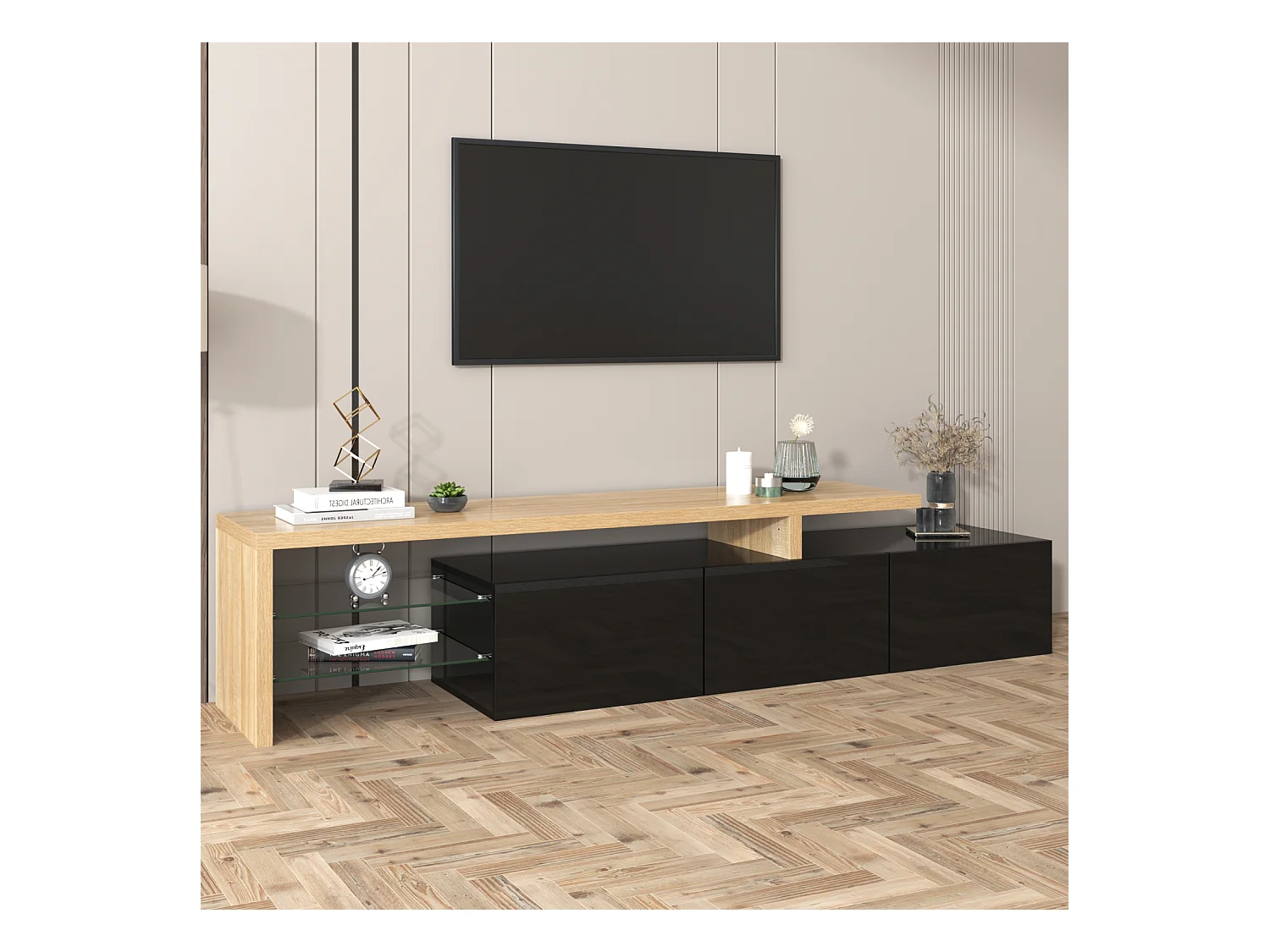 Mueble de TV negro brillante de 197 cm con iluminación LED Mueble de TV bajo con estante de vidrio y 3 puertas