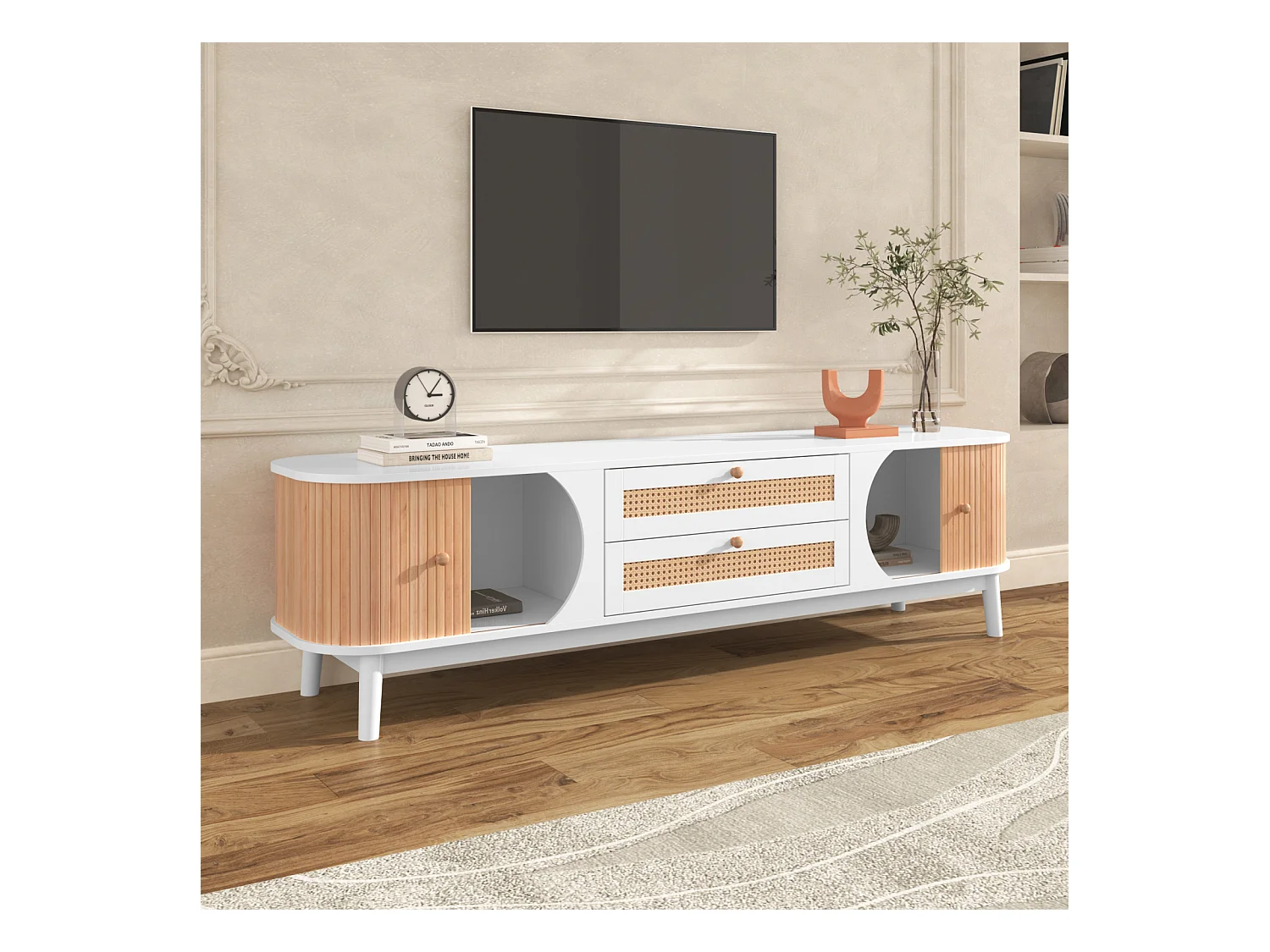 Meuble TV en rotin blanc , Commode avec deux portes et deux tiroirs , patchwork blanc et bois