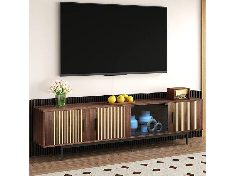 Mueble de TV de 200 cm, moderno banco de TV con LED, 3 puertas a rayas y 1 puerta de cristal, soporte de metal