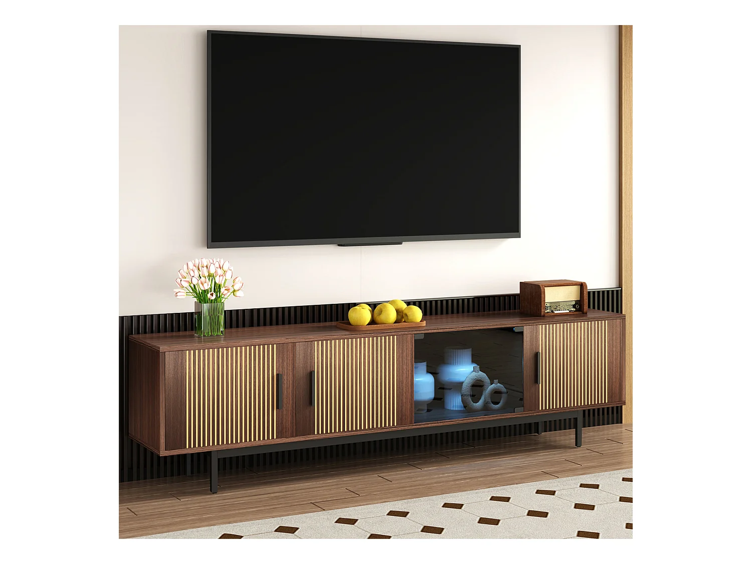 Meuble TV 200cm , Moderne Banc TV avec LED, 3 Portes Rayées et 1 Portes Vitrées , Support en Métal