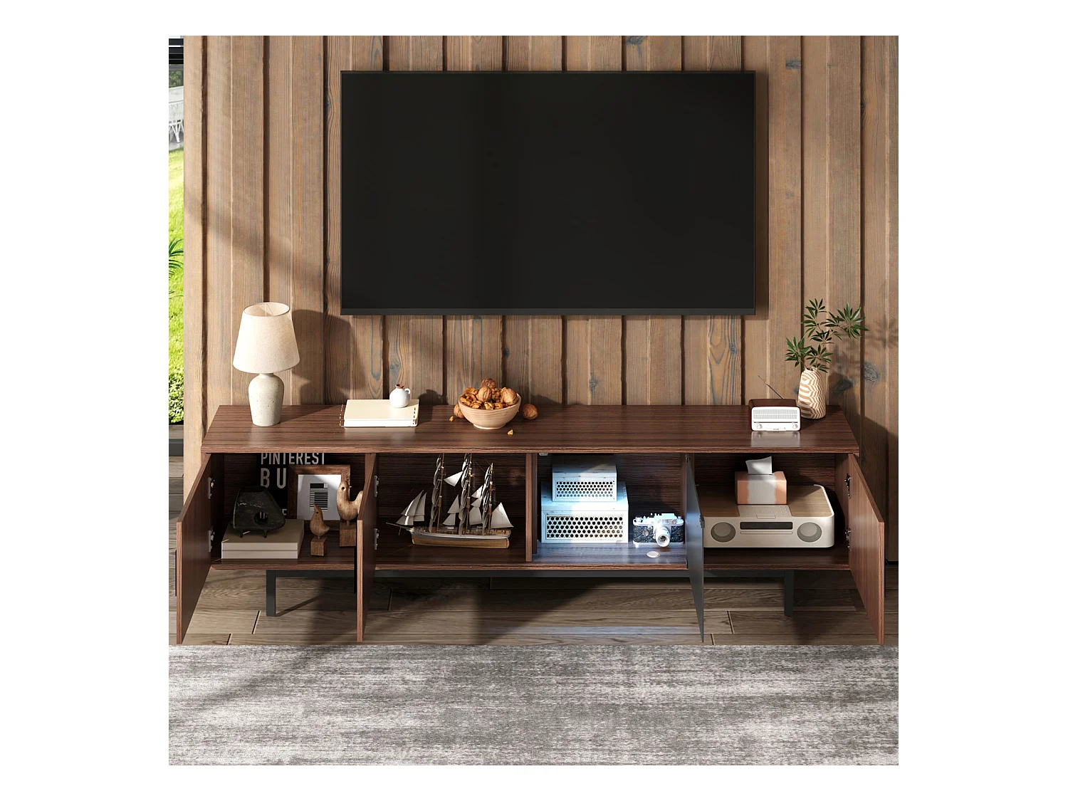 Meuble TV 200cm , Moderne Banc TV avec LED, 3 Portes Rayées et 1 Portes Vitrées , Support en Métal