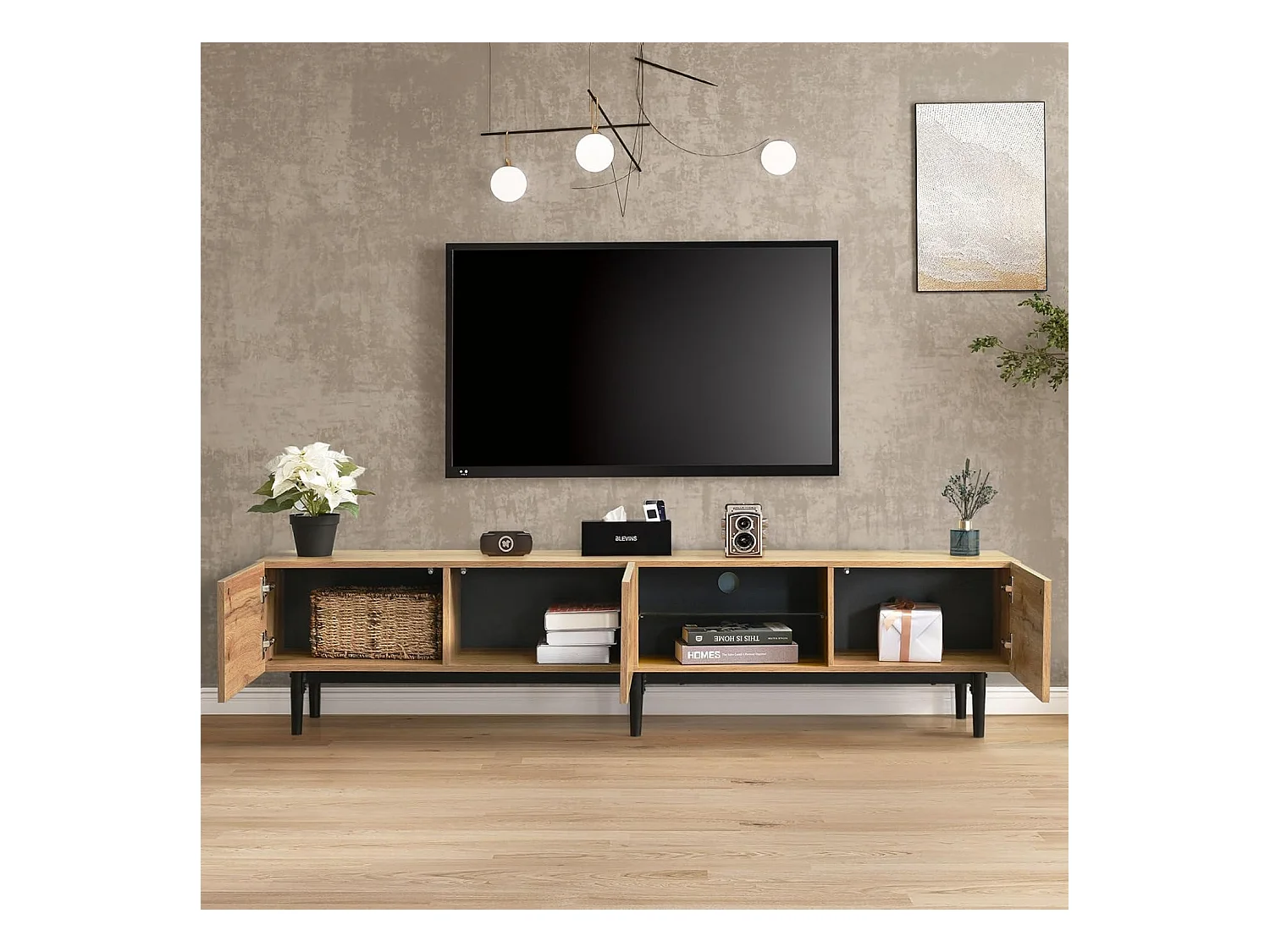 Armoire TV , Meuble TV Style Industriel 175cm avec LED , Etagères et Rangement , 3 Portes , bois