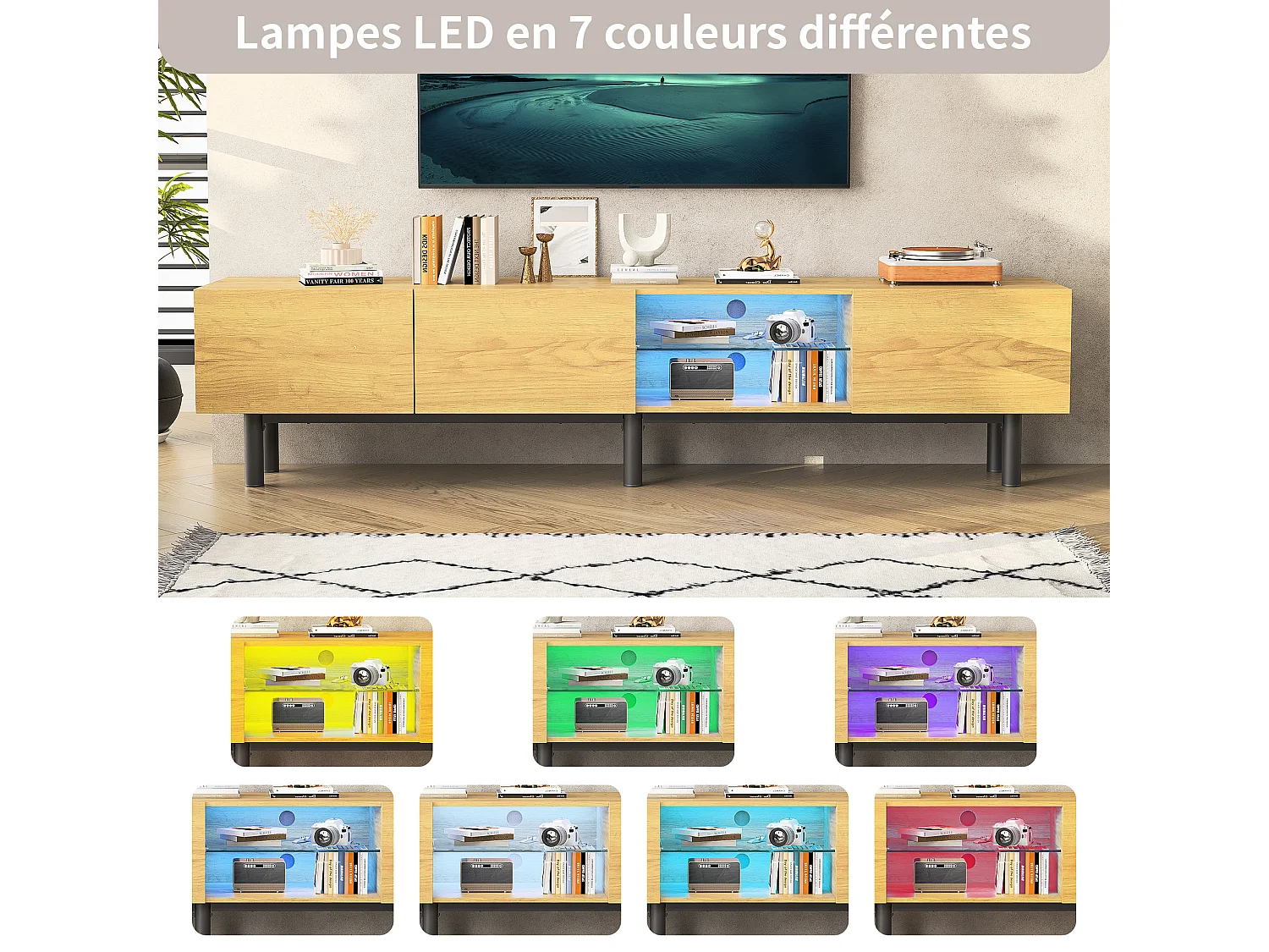 Armoire TV , Meuble TV Style Industriel 175cm avec LED , Etagères et Rangement , 3 Portes , bois