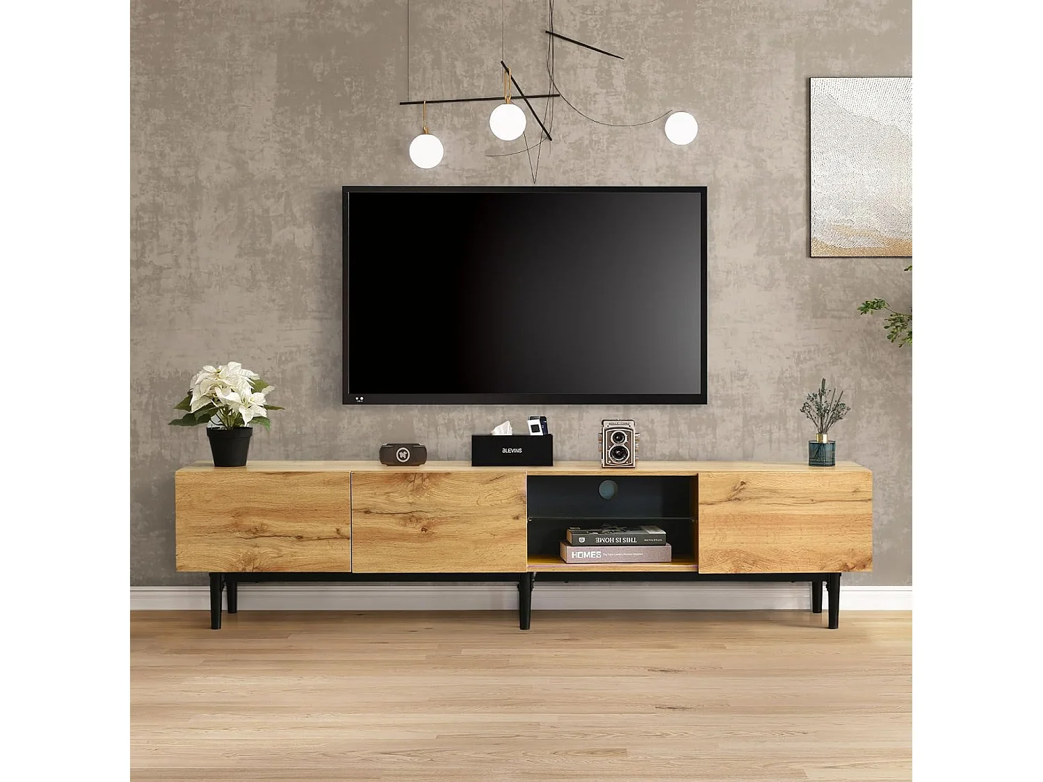 TV-meubel, industrieel tv-meubel 175 cm met LED-verlichting, planken en opbergruimte, 3 deuren, hout